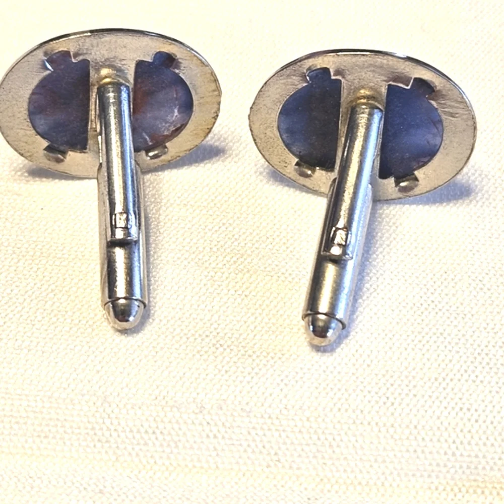 Vintage Oval-shaped, Silver-plated Blue Kyanite Cufflinks, and Matching Tie Clip